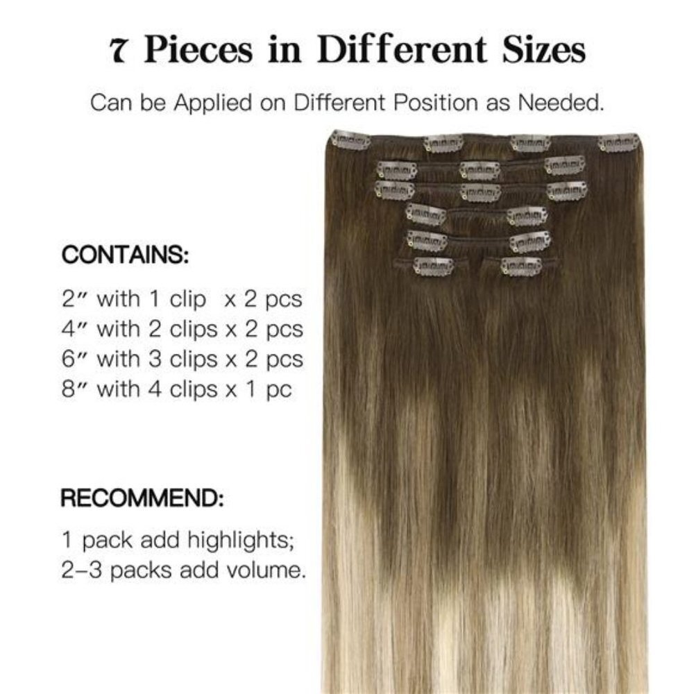 Clip in Hair Extension, Walnut Brown to Ash Brown and Bleach Blonde 120g14" 7pcs